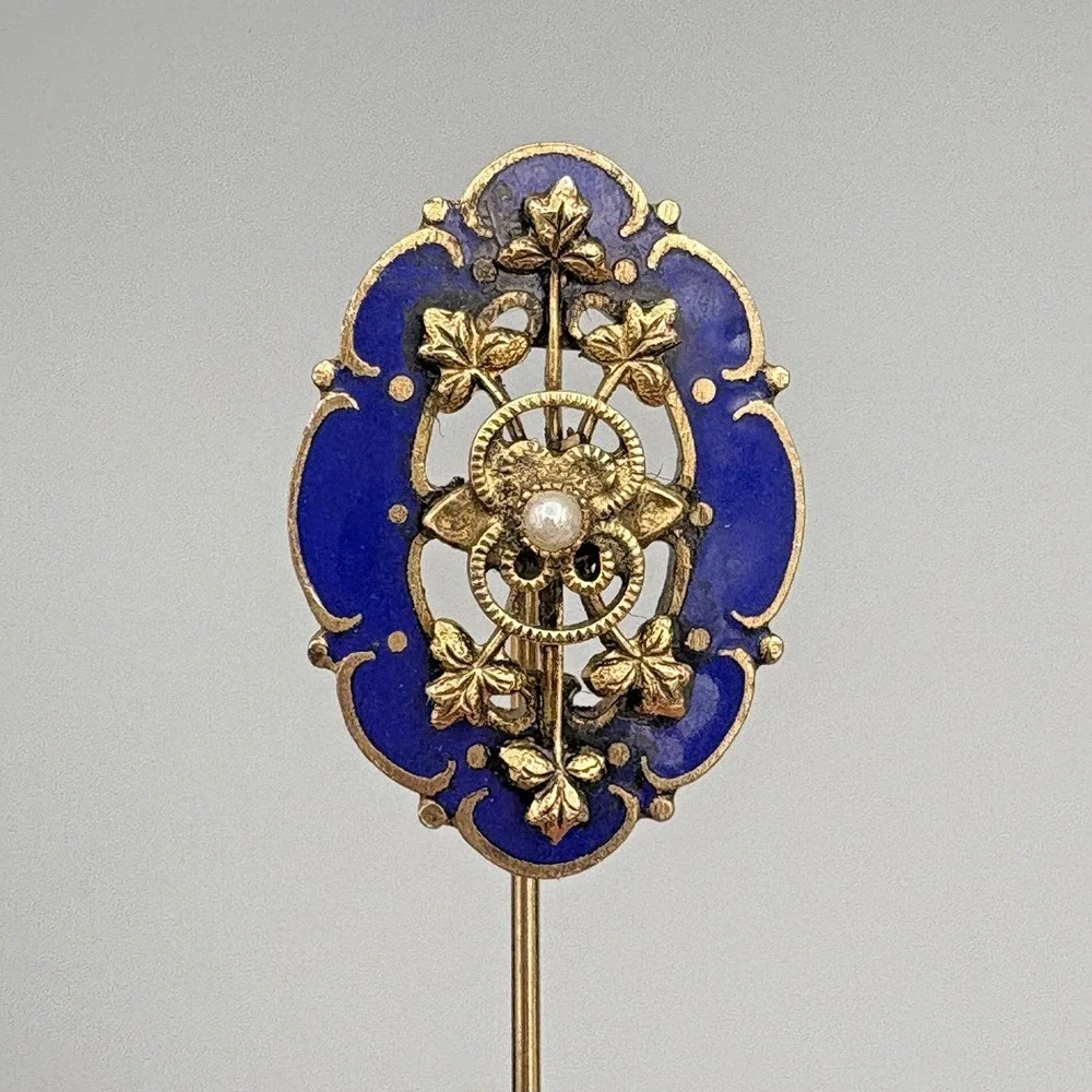 Antique Estate Stick Pin Blue Enamel Faux Pearl Regal Gold Vines and Pinstop